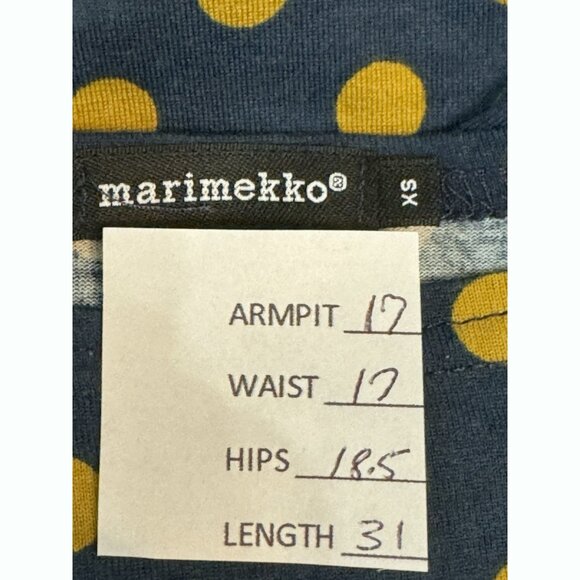 Marimekko Size XS Blue Yellow Polka Dot Shift Dress Pockets Minimalist Mod Retro - Picture 2 of 9